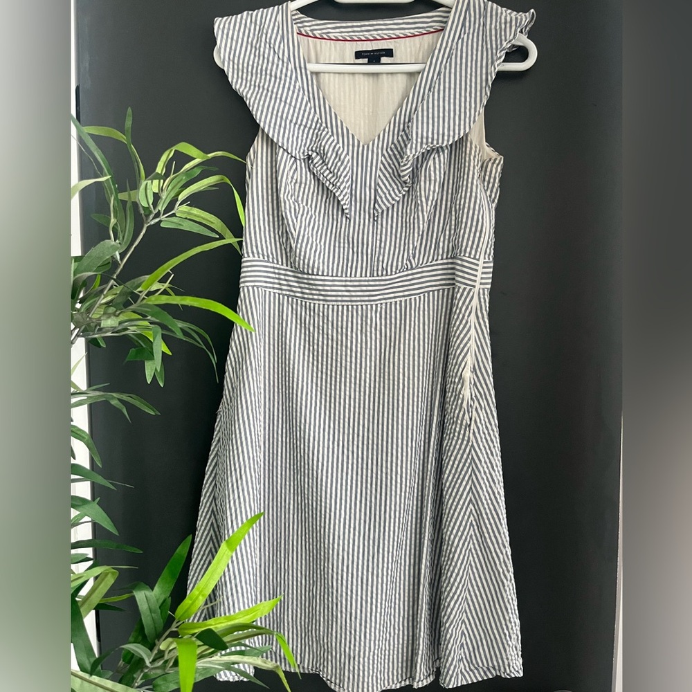 Tommy Hilfiger Navy and White Striped Ruffle Midi Dress